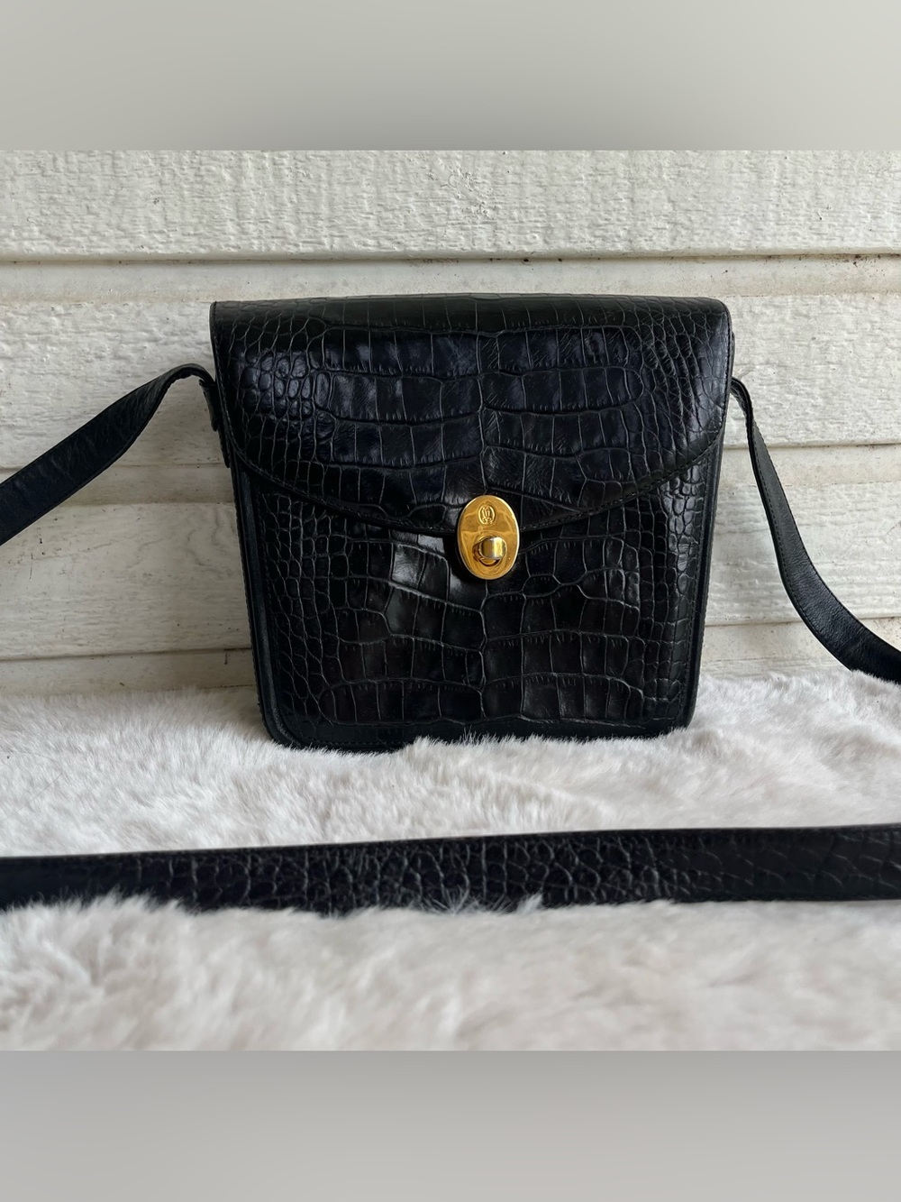 LLADRO Black Croc Embossed Vintage Flap Crossbody Handbag